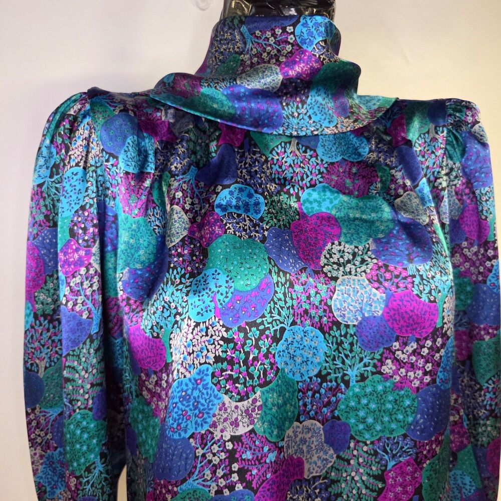 Vintage Abstract Floral Print Mock Neck Blouse